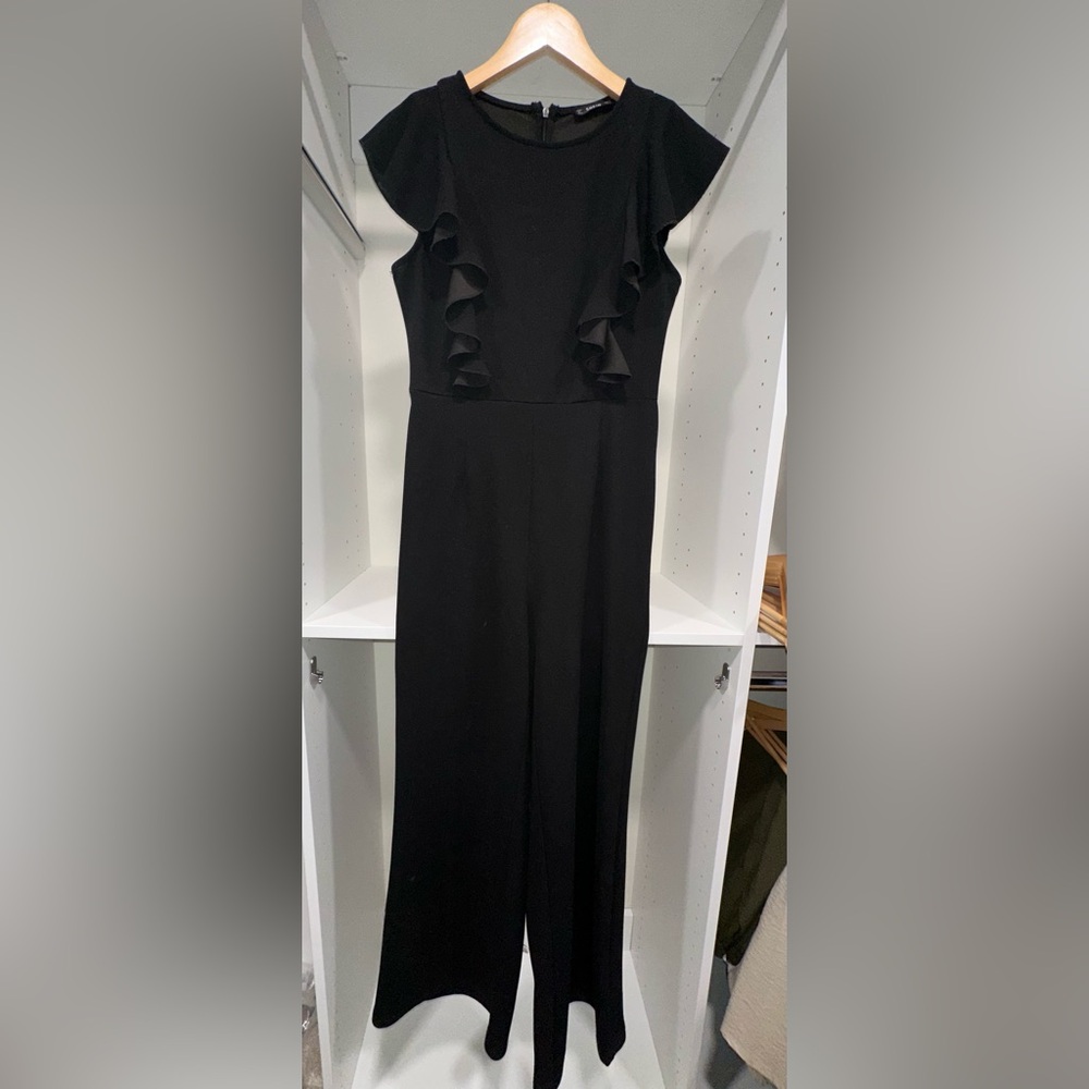Black Jumpsuit with Ruffles. Wedding Guest